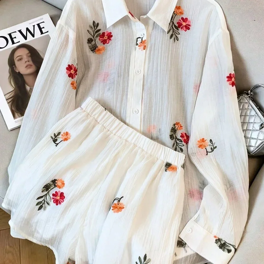 Boho Women's Casual Floral Embroidered Long Sleeve 2-Piece Set